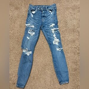 American Eagle Outfitters Women's Blue Distressed Skinny Jeans